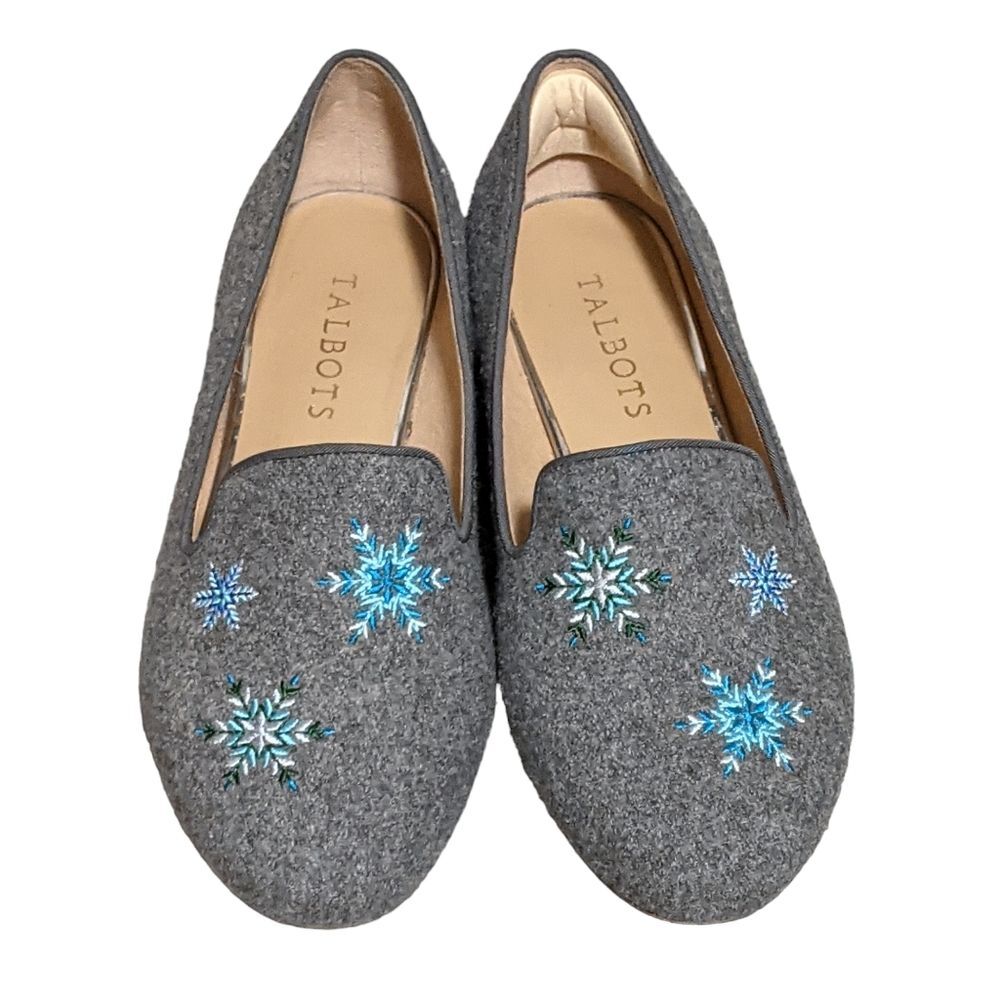 Talbots flannel seasonal snowflake gray embroidered loafers ballet flats size 7M